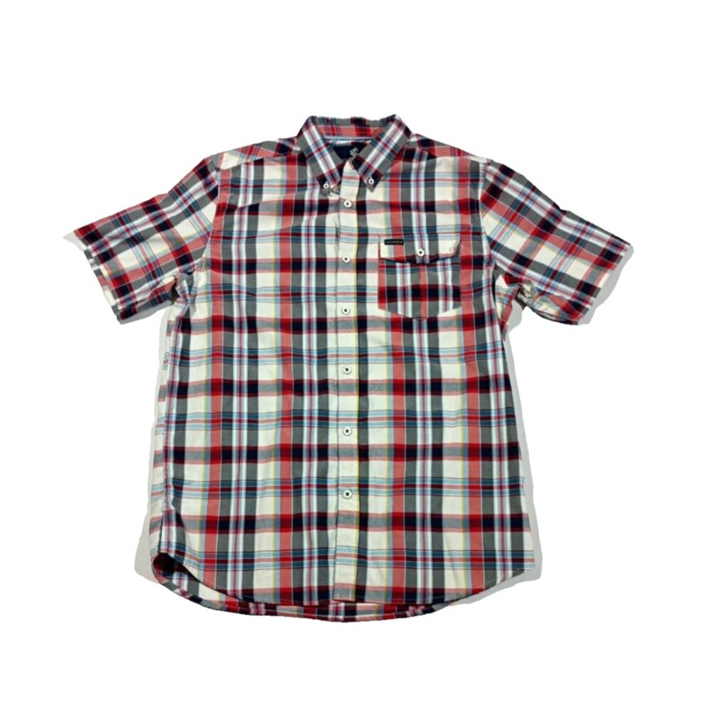 Rocawear L Short Sleeve Button Up Shirt Mens  Multicolor Plaid White Blue Red